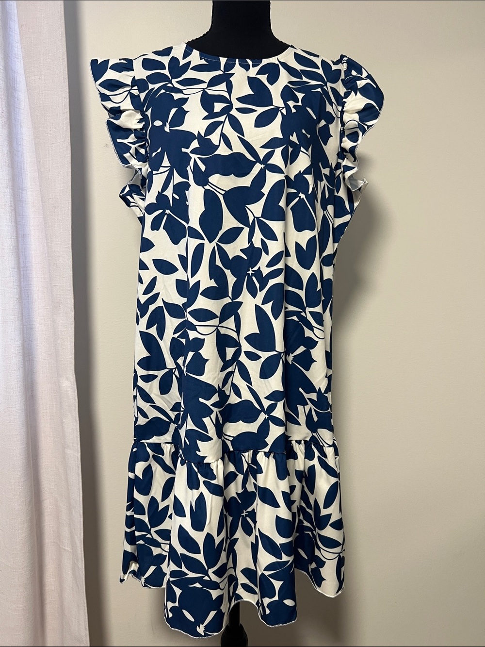 SHEIN Navy & White Leaf-Print Ruffle-Sleeve Midi Dress